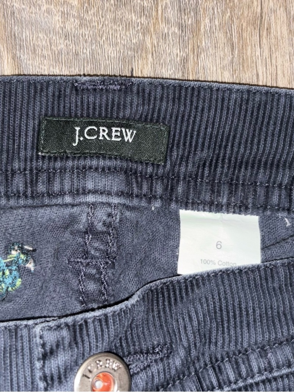 J Crew Navy Blue Corduroy Peacock-Embroidered Jeans - Picture 2 of 4